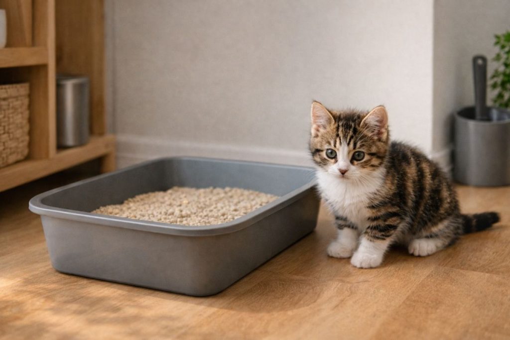 Кошеня біля лотка в домашньому середовищі