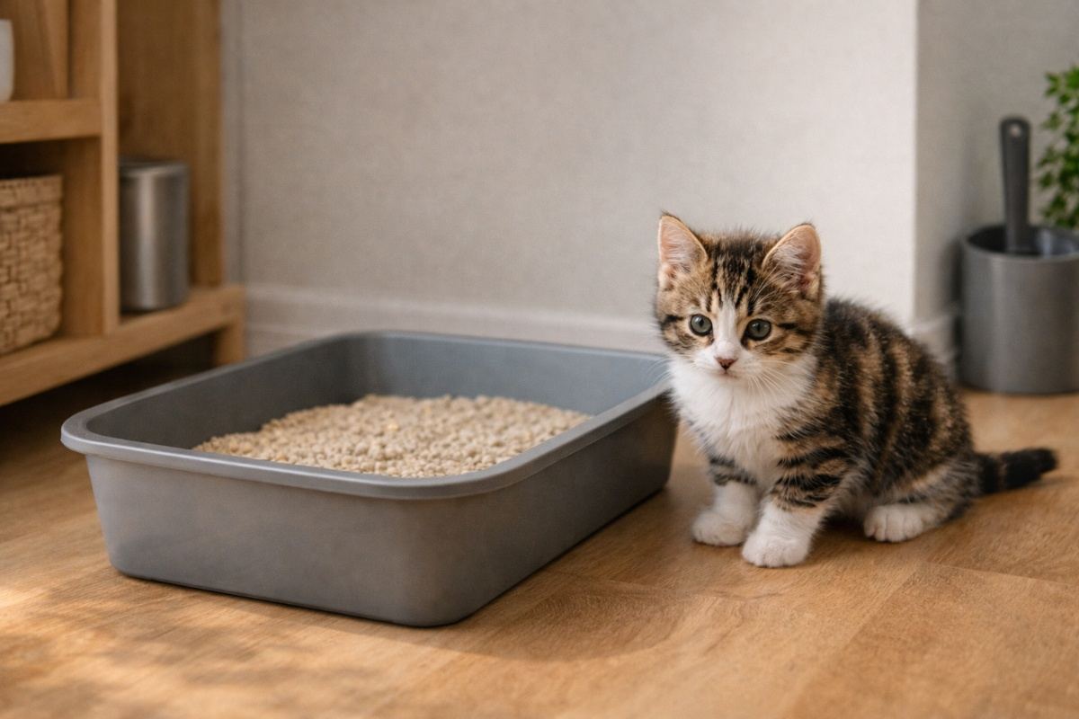 Кіт біля лотка або поруч із зоною туалету в домашньому середовищі