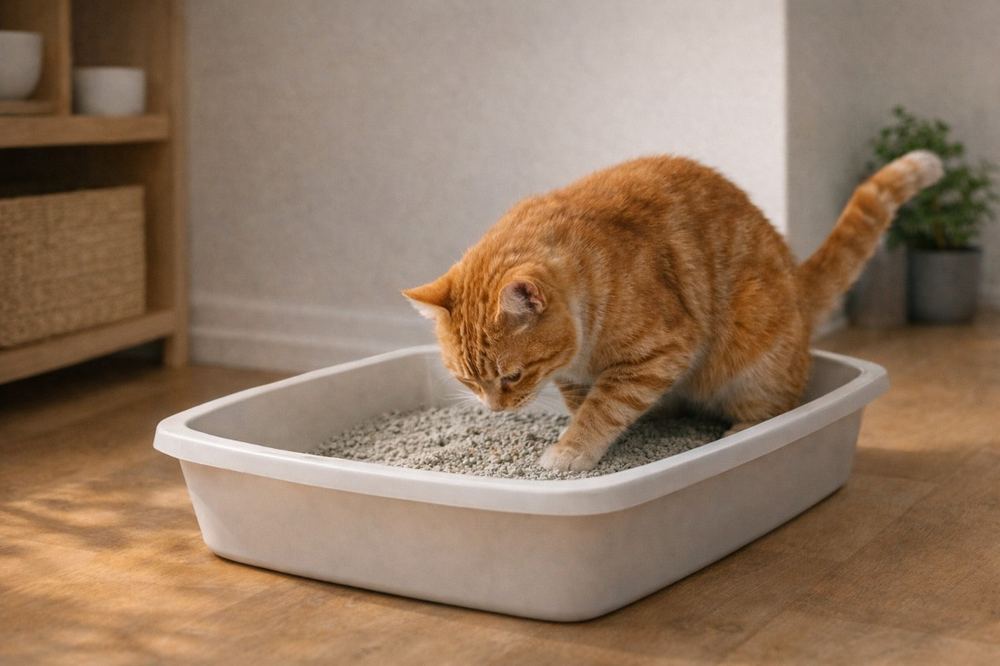 Кіт біля лотка під час вибору наповнювача для кошеняти