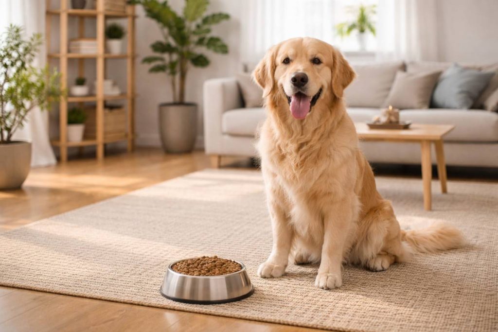 Собака поруч із кормом або мискою в домашньому середовищі