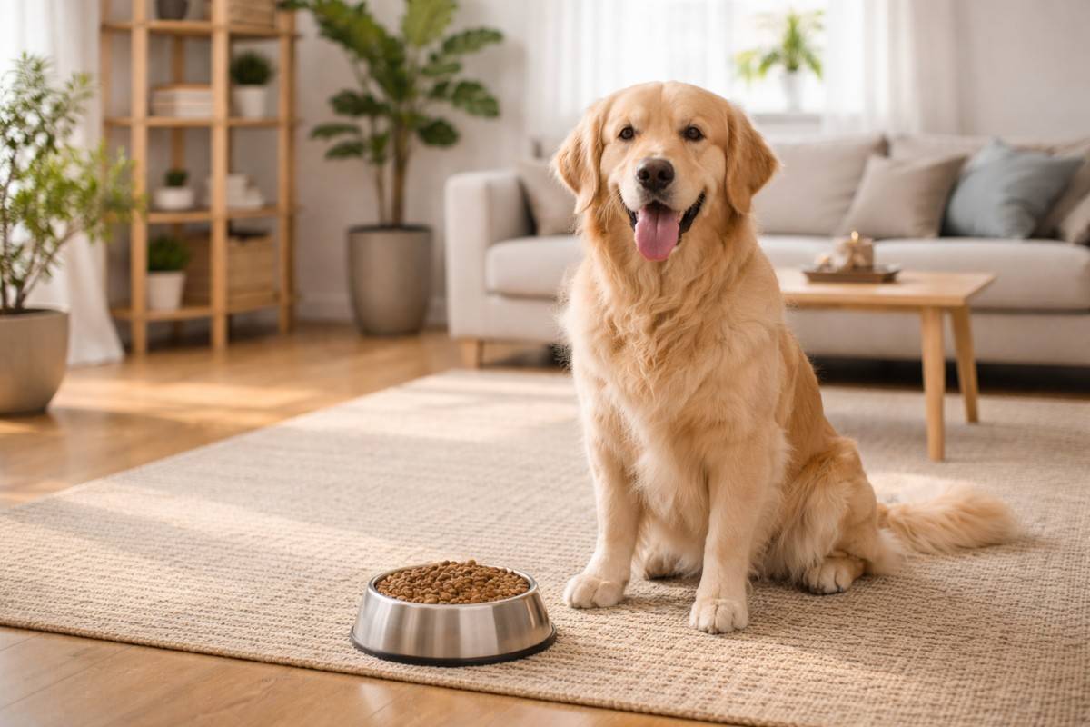Собака поруч із кормом або мискою в домашньому середовищі
