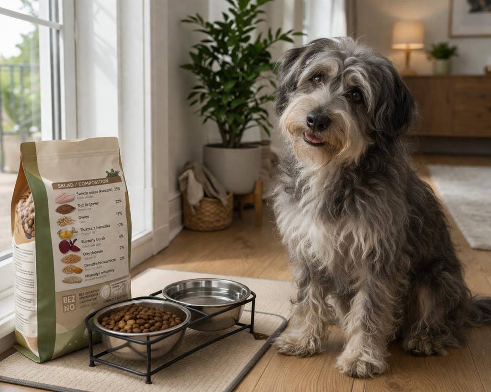 Собака поруч із кормом або під час годування