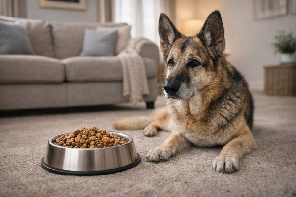 Собака в побутовому середовищі біля миски або корму