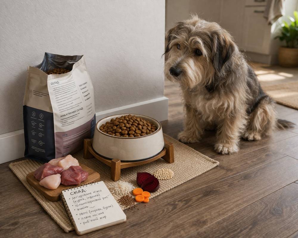 Собака поруч із кормом, упаковкою або зоною годування