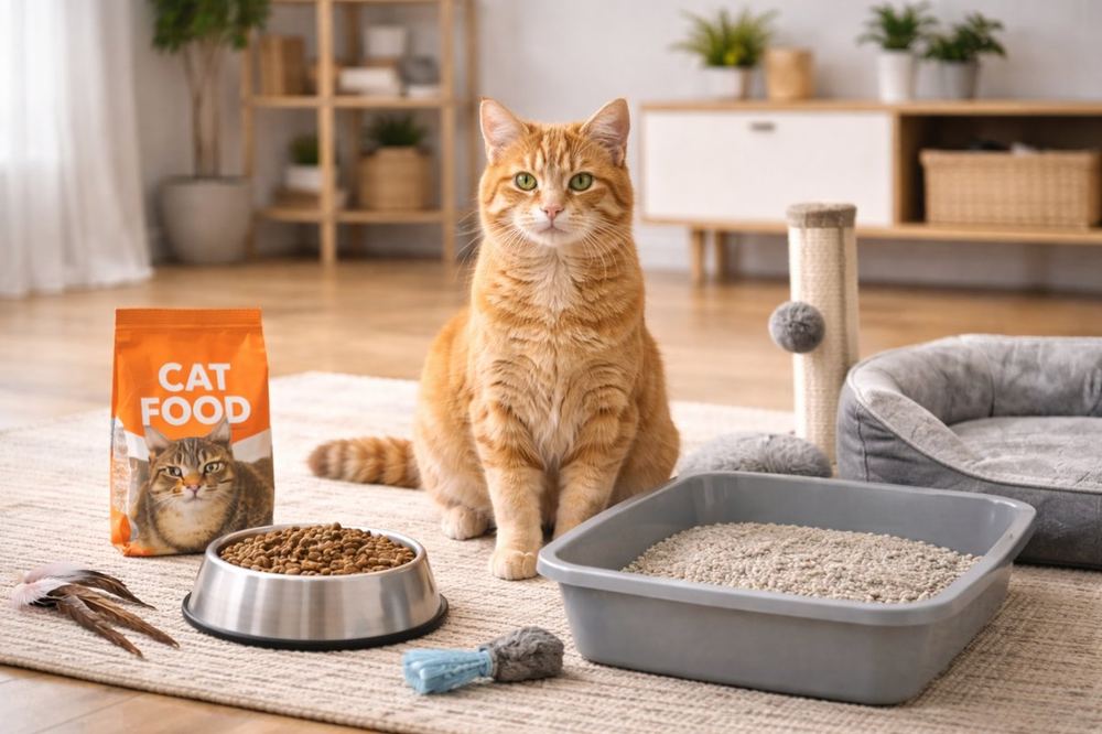 Кіт або кошеня з базовими товарами вдома