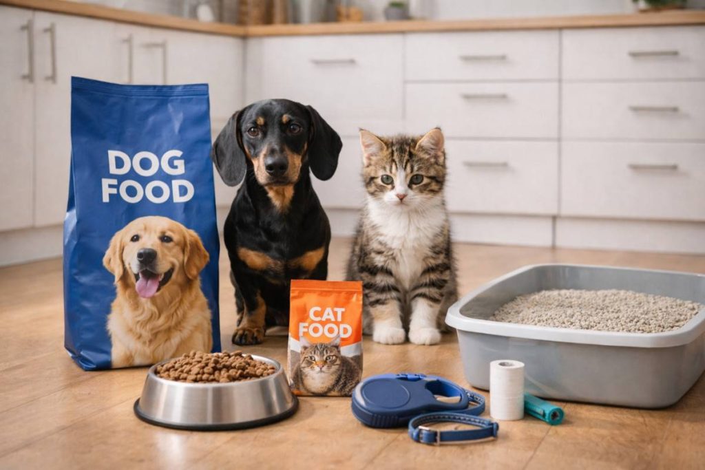 Собака і кіт у домашньому середовищі поруч із базовими товарами для догляду