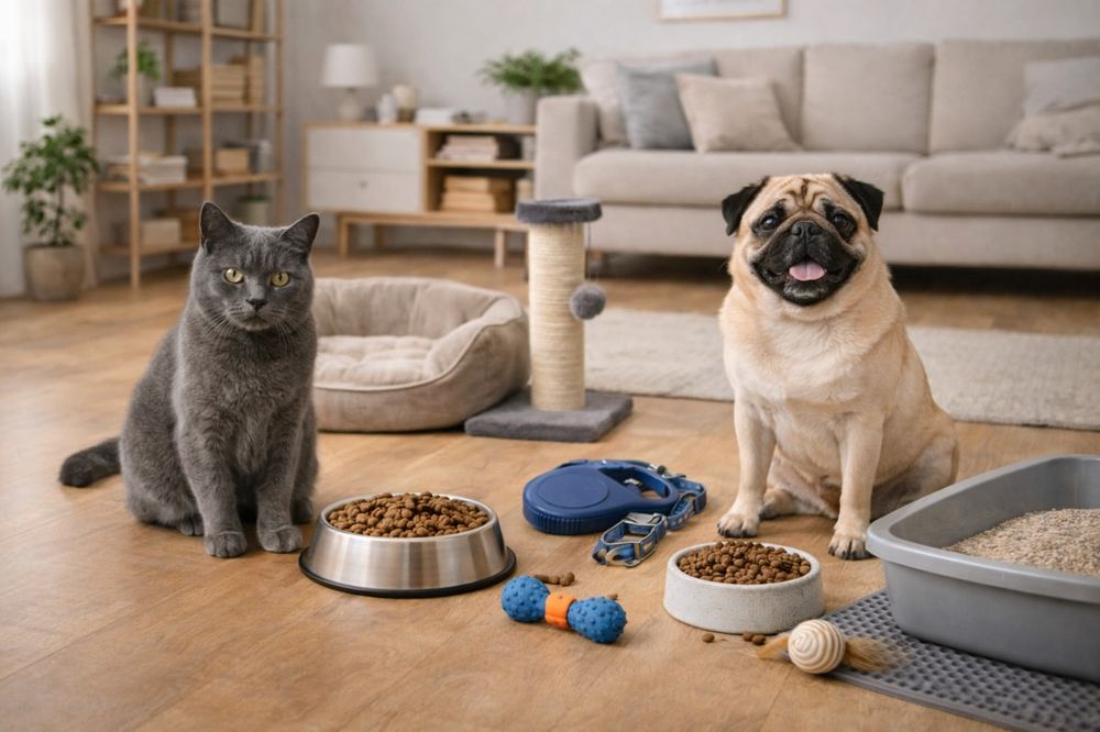 Собака або кіт поруч із товарами повсякденного використання