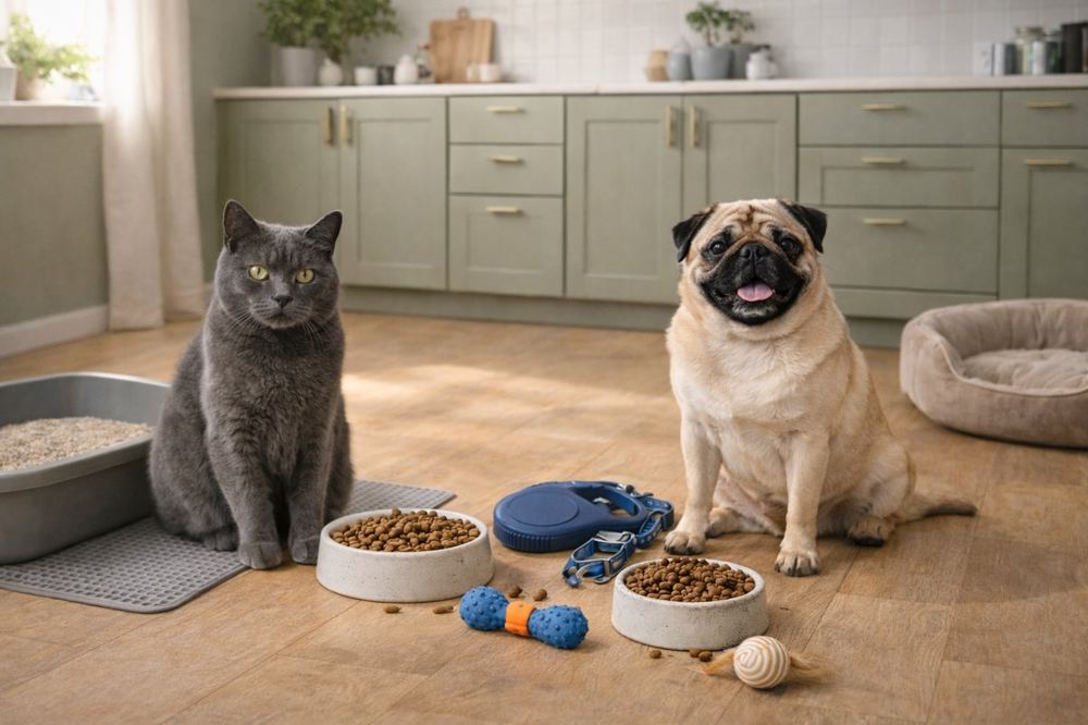 Спокійний домашній кадр із твариною і базовими речами