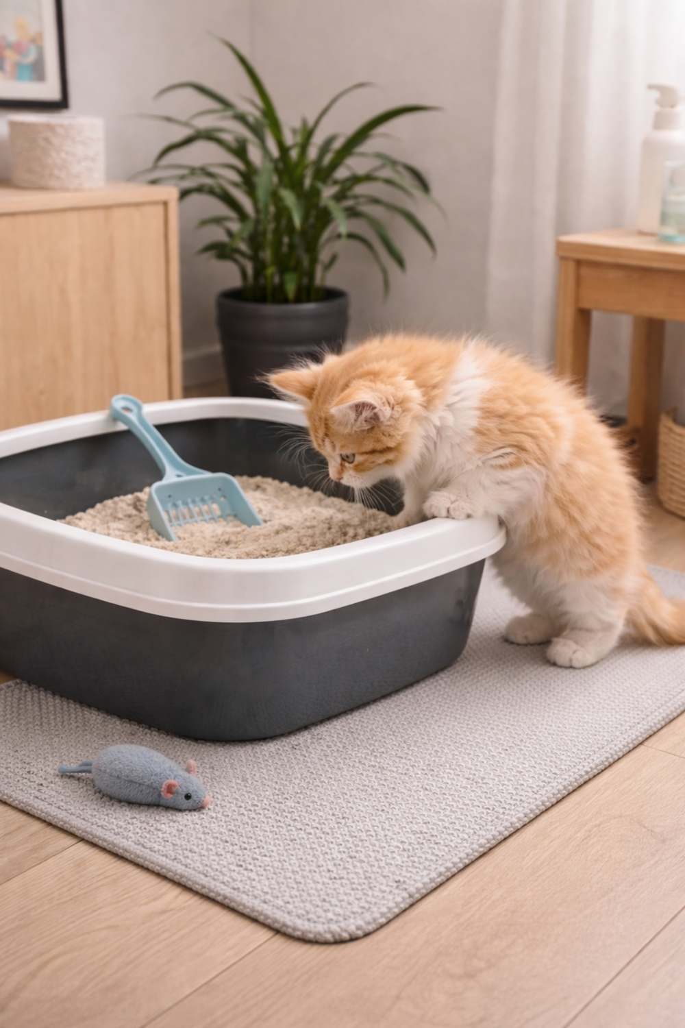 Кошеня біля лотка чи наповнювача для теми вибору умов